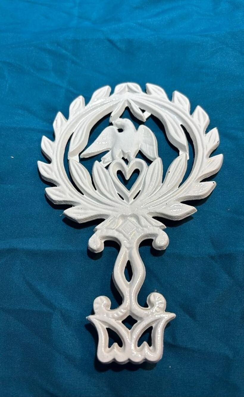 Vintage White Cast Iron Wall Plaque with Bird and Heart Motif